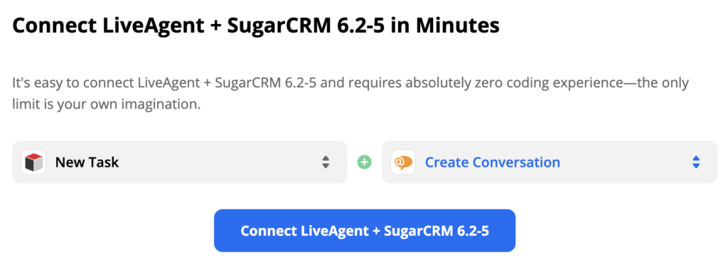 „SugarCRM“ paleidiklis Nauja užduotis ir „LiveAgent“ veiksmas Naujas pokalbis
