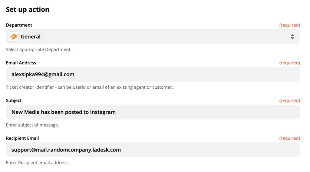 LiveAgent veiksmo nustatymas "Instagram" integracijoje naudojant "Zapier"