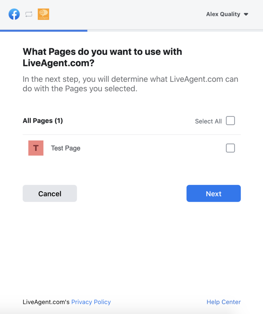 "Facebook" puslapių pasirinkimas LiveAgent konfiguratoriuje